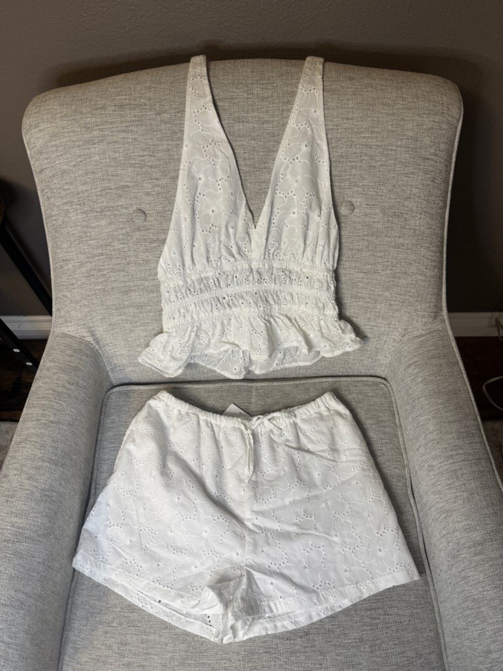 Women's White Eyelet Ruffle Tank Top with matching shorts (sold as a set)